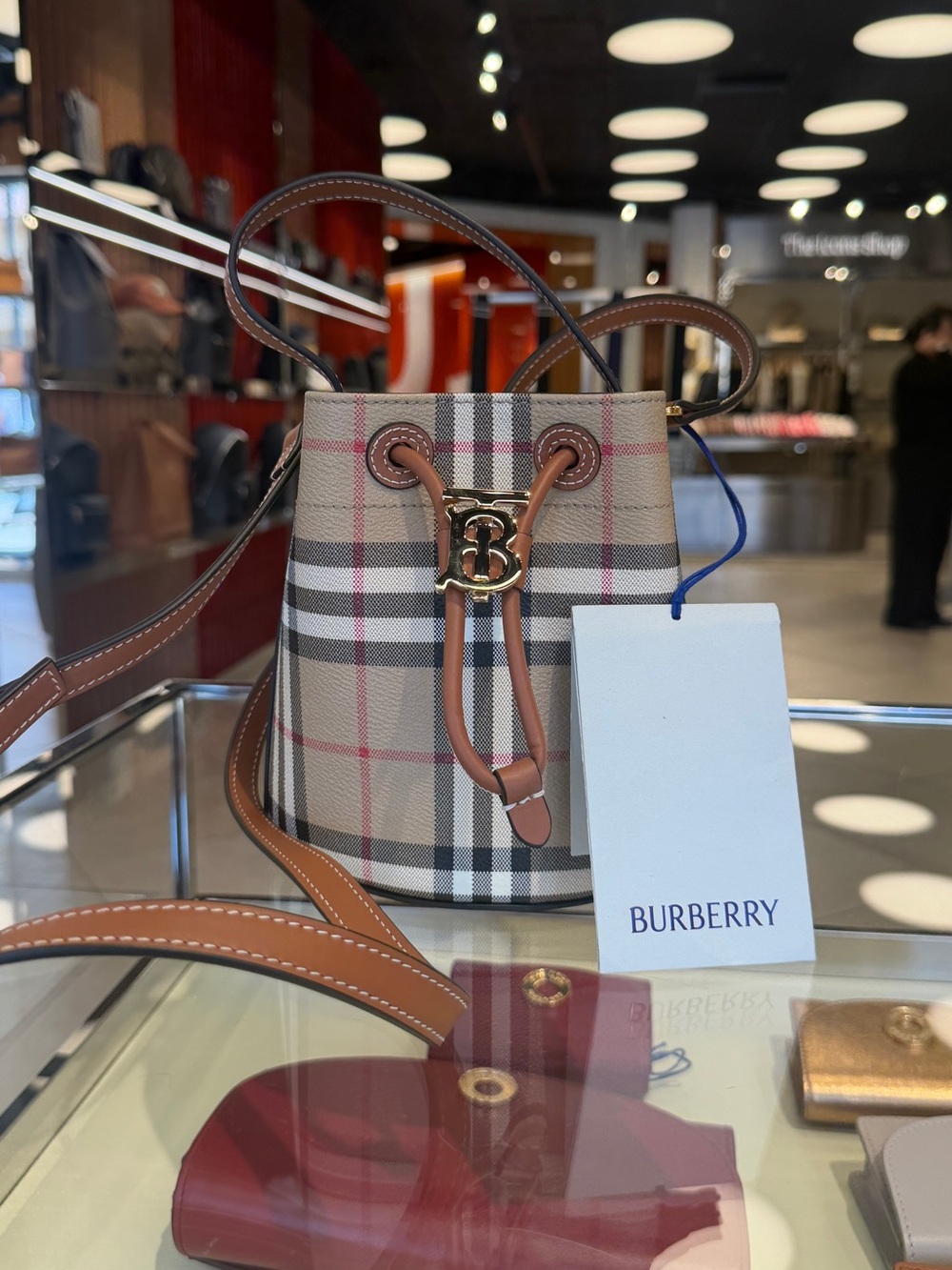 Burberry Beige Vintage Check Leather-Trim Drawstring Crossbody Bag - Picture 2 of 9